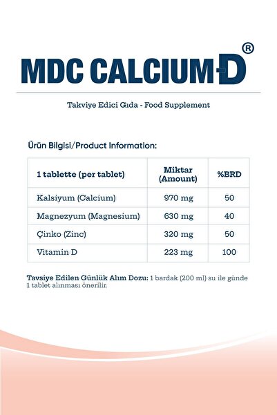 MDC Kalsiyum D 30 Tablet (Kalsiyum, Magnezyum, Çinko, D Vitamini)