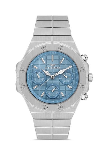 FERRO Men's Wristwatch - Quartz, Steel Metallic Grey Turquoise Dial, 42 mm