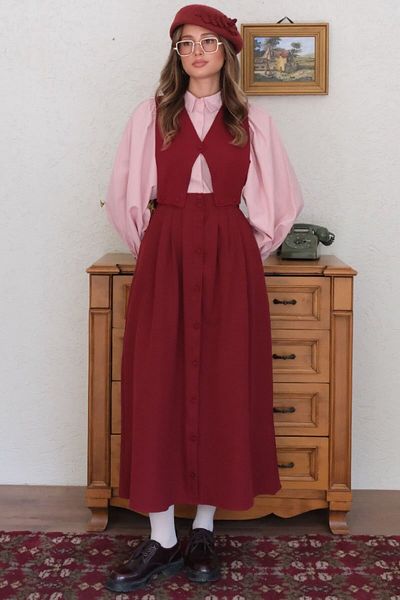 Ceylan Otantik Claret Red Buttoned Vest Skirt Set