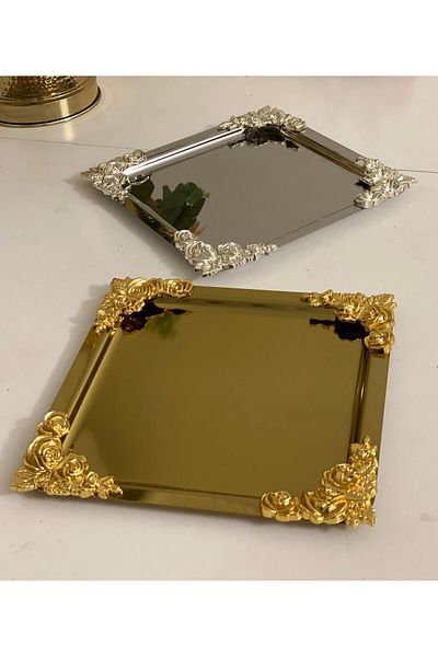 Elzemm store Gold and Silver Square Tray with Four Edge Accessories - Serving and Presentation