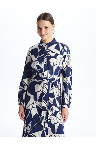 LC Waikiki Dámské košilové šaty se vzorem s dlouhým rukávem