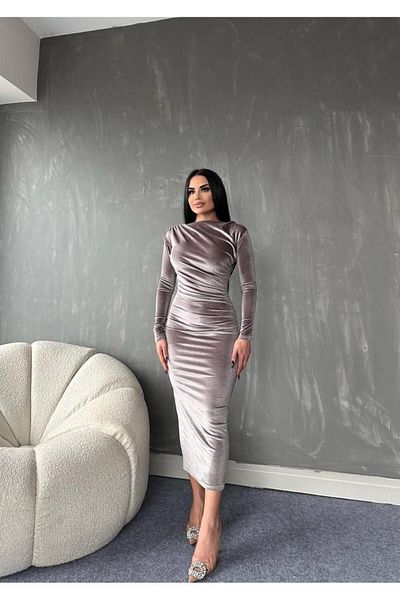 Love Fab Λεπτομερές Midi Velvet Φόρεμα Asymmetric Collar Gather