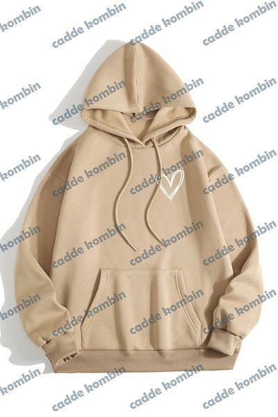 caddekombin Beige Heart Printed Unisex Oversize Hoodie