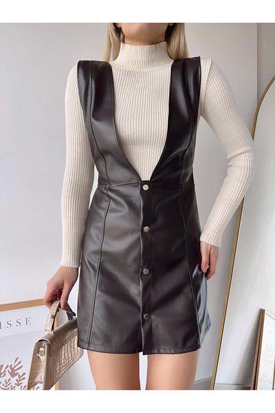 POZİGİ Faux Leather Dress - Button Detail