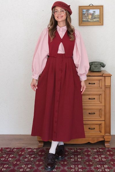 Ceylan Otantik Claret Red Buttoned Vest Skirt Set