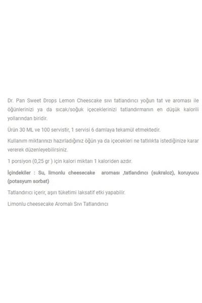 Dr Pan Sweet Drops Lemon Cheesecake (Limonlu cheesecake aromalı sıvı Tatlandırıcı-30ml)
