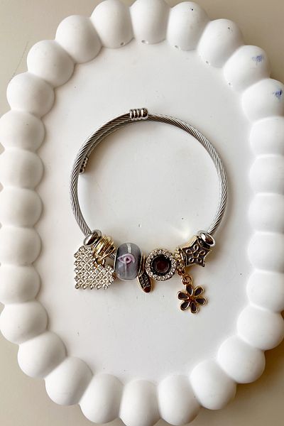 Fubena 8053 Model - Multi Stone Detailed Heart Dangle Steel Bracelet