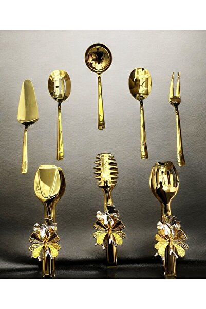 Aslı Hediyelik طقم تقديم من الفولاذ المقاوم للصدأ مكون من 8 قطع - مصفاة ذهبية، مغرفة، مجرفة، شوكة، ملعقة، ملقط فراشة