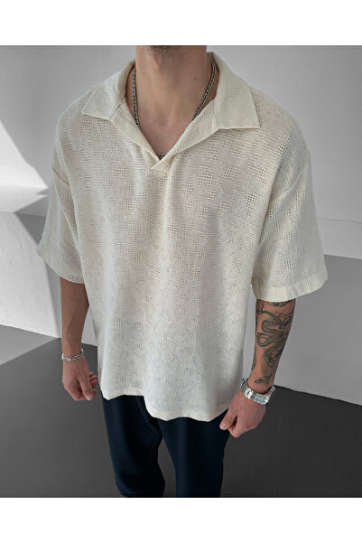 NO1 KONSEPT oversized Μπεζ λινό μπλουζάκι με λαιμόκοψη πόλο