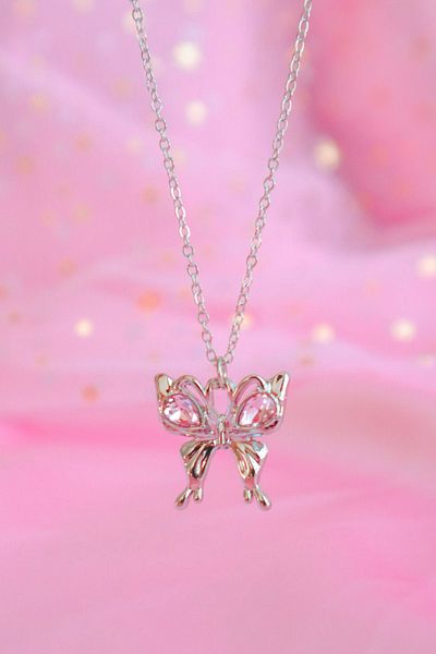 EFBUTİK Silver Color Butterfly Imported Necklace with Pink Stones