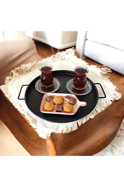 EceAksesuar مجموعة صينية - صينية شاي بمقبض معدني، صينية قهوة، مجموعة صينية إفطار مكونة من 3 قطع