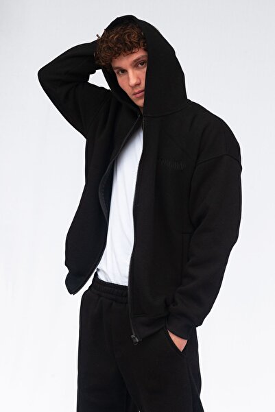 Vatkalimon Hanorac negru supradimensionat cu glugă și fermoar