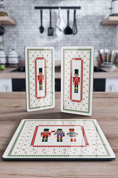 Decovetro New Year's Nutcracker Patterned - Set of 3 Square Glass Presentation Serving Plate