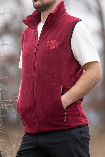 Huğlu Claret Red Fleece Vest - Two Pockets and Zipper, Eagle Embroidery