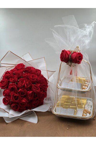 Desenor Concept 41 Güllü Yapay Demet Kız İsteme Çiçeği, 80 adet İsimli çift kat sunum tüllü söz nişan Çikolatası