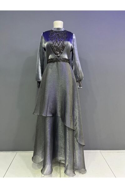 miss Elegans فستان سهرة من الشيفون الرمادي مزين بالأحجار