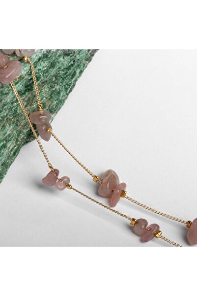 Paleo Pembe Kuvars Taşlı Doğal Taş Çelik Kolye