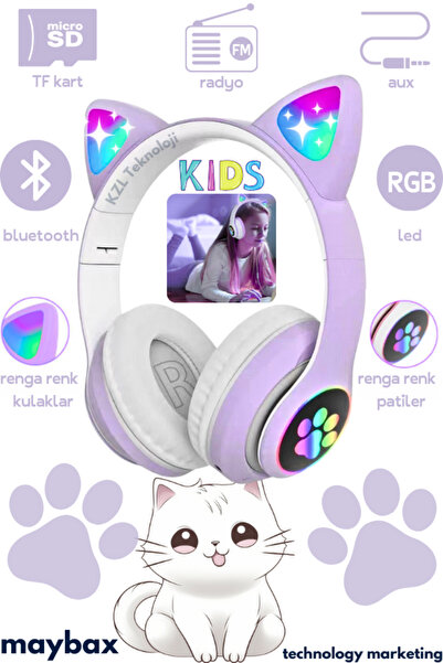 Maybax 23m Kablosuz Bluetooth 5.0 Led Işıklı Kedili Kulaklık İOS Android Uyum...