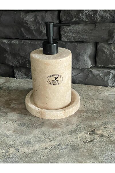 Polen Stone Dozator și tavă pentru săpun lichid natural Travertin - Set de 2