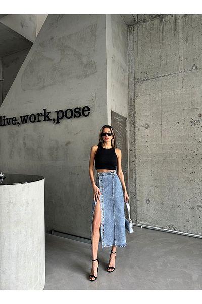 Swet Shop Jeans Fusta de damă din lycra albastru gheață - cu nasturi și spălat pe zăpadă