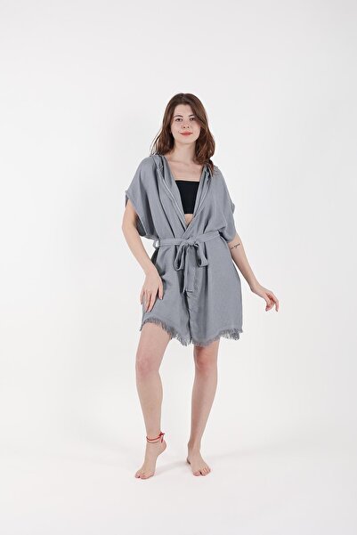 HİLAL COLLECTİON Viscon Bamboo Vest Cotton Hooded Belted Oversize Multi-Purpose Beach Wear 1Pcs