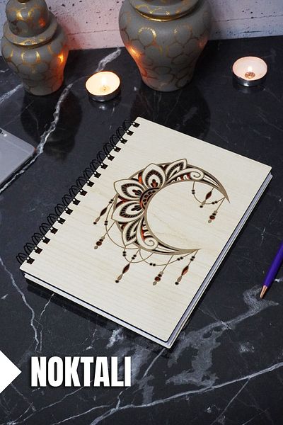 markcat Caiet cu puncte tematice Moon Mandala - Copertă din lemn, agenda și caiet școlar (A5 - 120 coli)