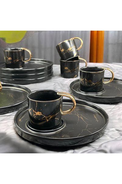 YzHome Porcelain Coffee Cup Set for 6 People - Gilded, Presentation Plate