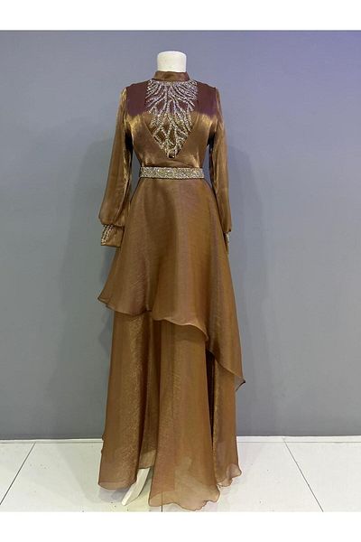 miss Elegans Stone Detailed Chiffon Camel Evening Dress