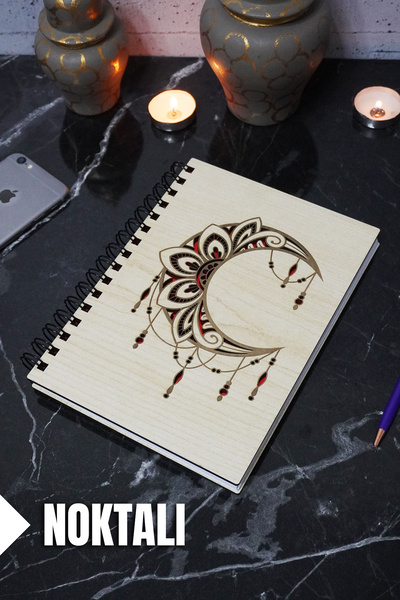 markcat Moon Mandala Themed Dotted Notebook - Wooden Cover, Agenda and School...