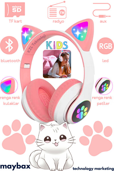 Maybax 23m Kablosuz Bluetooth 5.0 Led Işıklı Kedili Kulaklık İOS Android Uyum...