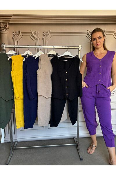 Butik Ayseba Purple Muslin Fabric Women's Vest and Trousers Set