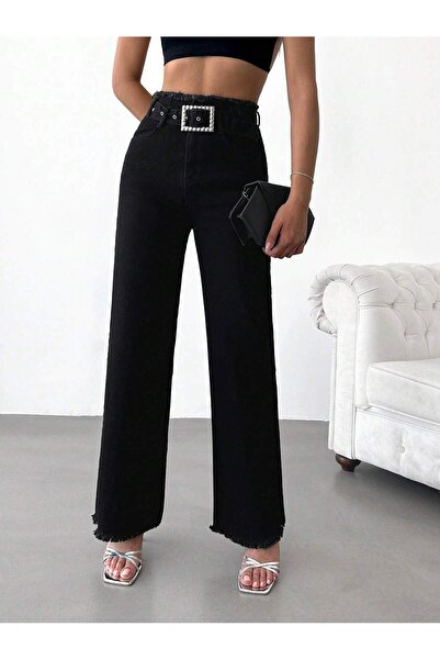 Swet Shop Jeans Blugi Palazzo din Lycra cu talie înaltă - negri cu centură și...