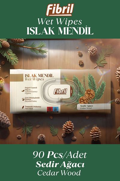 Fibril 12x90 Pack - Cedar Wood Scented Wet Wipes, 1080 Sheets Natural Essence, Recyclable Fabric