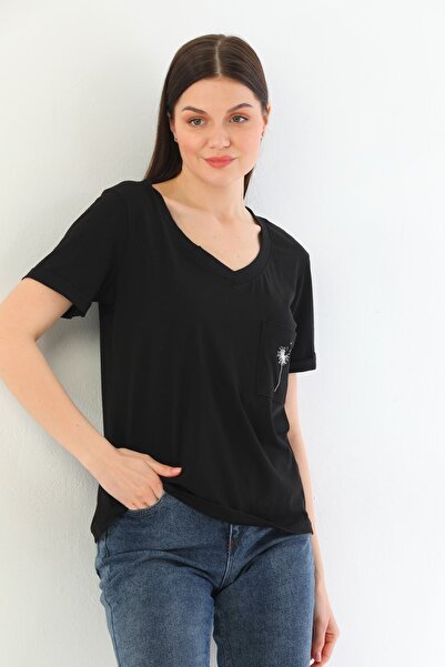 kallima Pack of 2 Ecru-Black V-Neck Comfortable Fit Embroidered 100% Cotton T-Shirt