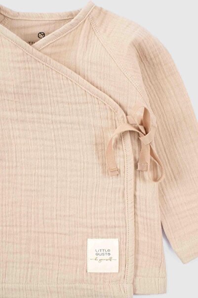 Little Gusto Double Breasted Collar Muslin Baby Jacket Beige Organic Cotton
