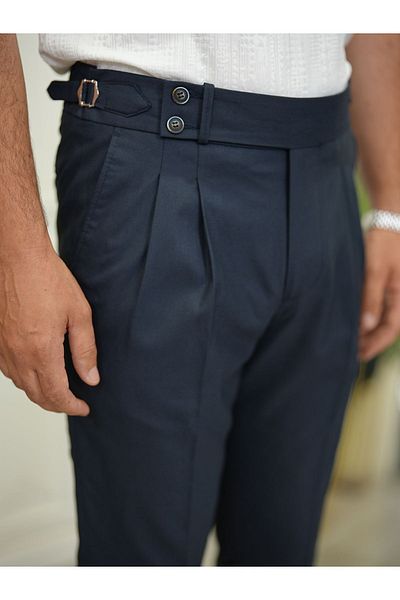 Pantolonia Navy Blue Slim Fit Italian Cut Men's Trousers - Pleated Buckle