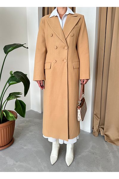 Laluvia Dlouhý kabát s rozparkem Camel Finish-44092