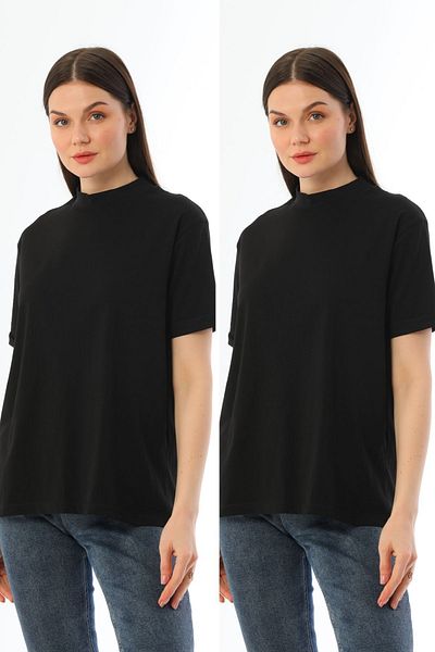 kallima Black 2-Pack Stand Collar Comfortable Fit 100% Cotton T-shirt