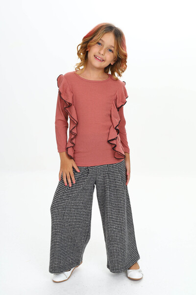 e-çocuk Girl's Winter Set - Piti Checked and Ruffled Top and Bottom Set 1020