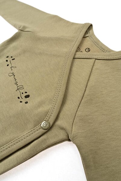 Little Gusto Long Sleeve Double Breasted Bodysuit Newborn Khaki Organic Cotton