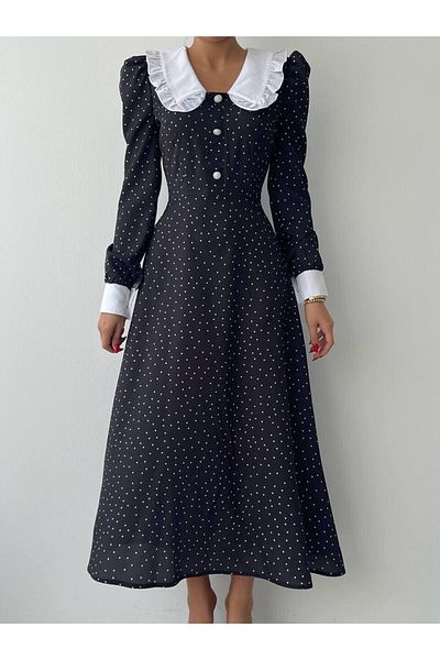 BETULAKSUBUTİK Peter Pan Collar and Polka Dot Print Premium Long Dress - Pearl Button, Long Sleeve