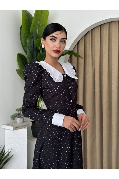 BETULAKSUBUTİK Peter Pan Collar and Polka Dot Print Premium Long Dress - Pearl Button, Long Sleeve