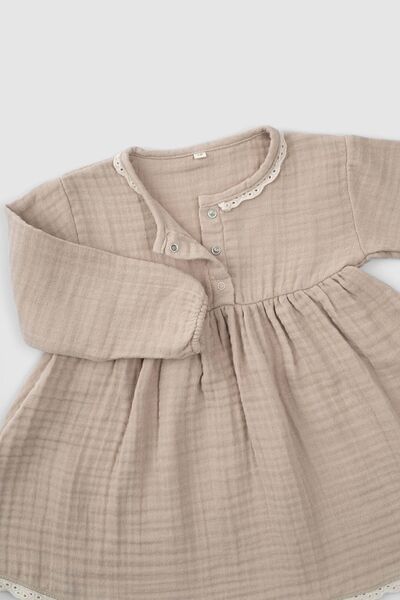 Little Gusto Embroidered Organic Cotton Muslin Drawstring Baby Dress Beige