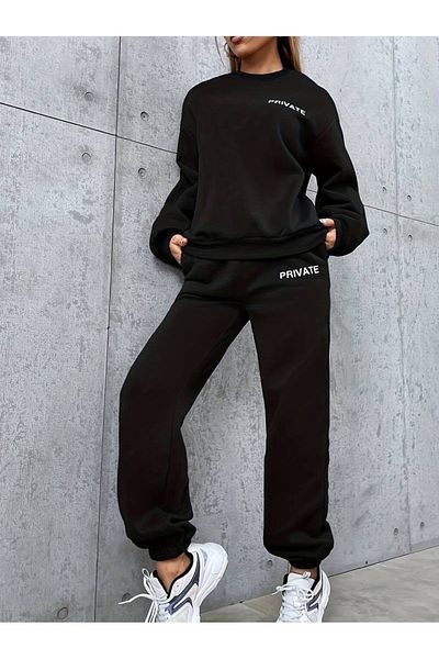 PALPİTO Μαύρο Oversize Jogger Suit - Private Printed, Crew Neck