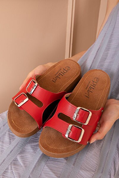 Epilla Women's Red Double Buckle Full Orthopedic Daily Epin Heel Spur Slippers