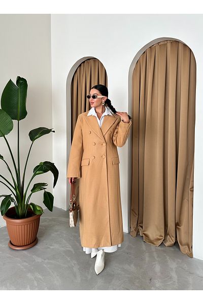 Laluvia Dlouhý kabát s rozparkem Camel Finish-44092