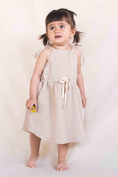 Little Gusto Muslin Strap Dress Beige Organic Cotton