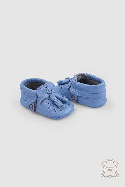 Little Gusto Blue Leather Baby Booties - with Buckle
