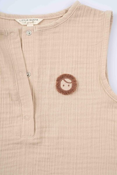 Little Gusto Muslin Sleeveless Shorts Jumpsuit Beige Organic Cotton