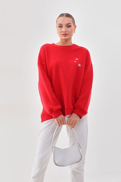 kallima Thick Winter Oversize/Wide Cut Snowflake Print Red Christmas Women's Sweatshirt with Fleece Inside